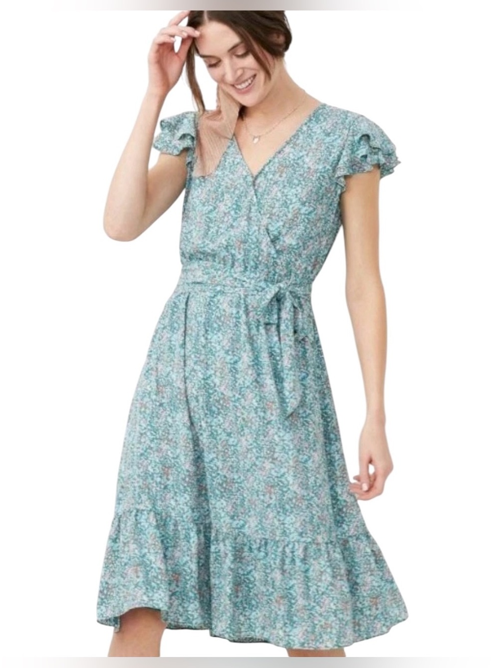 Lauren Conrad LC Floral Cottagecore Feminine Faux Wrap Midi Dress Green Peach XL